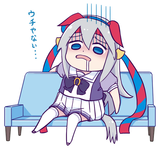 mizuki maya, tamamo cross (umamusume), umamusume, umamusume: cinderella gray, commentary request, 1girl, animal ears, blue eyes, bow, bowtie, couch, drooling, ear covers, frown, grey hair, horse ears, horse girl, horse tail, long hair, miniskirt, mouth drool, nervous tama-chan pose, on couch, open mouth, pleated skirt, puffy short sleeves, puffy sleeves, purple bow, purple bowtie, purple shirt, raised inner eyebrows, sailor collar, school uniform, serafuku, shirt, short sleeves, simple background, sitting, skirt, solo, tail, thighhighs, tracen school uniform, turn pale, white background, white sailor collar, white skirt, white thighhighs