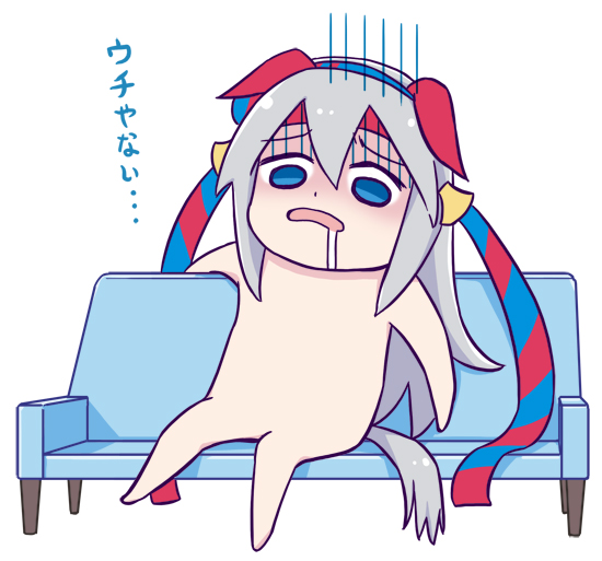mizuki maya, tamamo cross (umamusume), umamusume, umamusume: cinderella gray, commentary request, 1girl, animal ears, blue eyes, completely nude, couch, drooling, ear covers, frown, grey hair, horse ears, horse girl, horse tail, long hair, mouth drool, nervous tama-chan pose, nude, on couch, open mouth, raised inner eyebrows, simple background, sitting, solo, tail, turn pale, white background