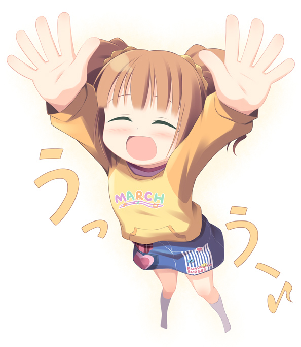 kagura yuuki, takatsuki yayoi, idolmaster, idolmaster (classic), idolmaster 1, 00s, 1girl, arms up, brown hair, closed eyes, female focus, happy, jumping, outstretched arms, raglan sleeves, solo, twintails