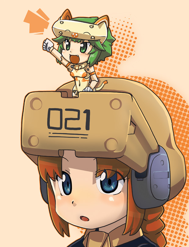 sterndorf, fort bragg, maochao, busou shinki, 10s, 2girls, chibi, helmet, mini person, minigirl, multiple girls