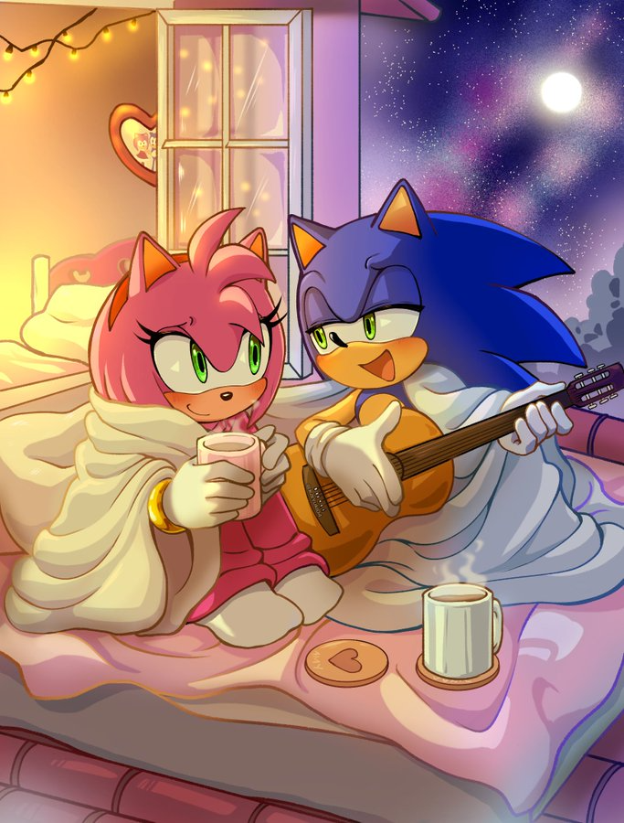 kaiyuki04, amy rose, sonic the hedgehog, sega, sonic (series), bed, bedroom, blanket, blue fur, blue hair, gloves, green eyes, guitar, hot chocolate, instrument, medium hair, moon, night, outdoors, pajamas, pillow, pink fur, pink hair, playing guitar, playing instrument, sitting, sleepover, smile, socks, sonamy, star (sky), window