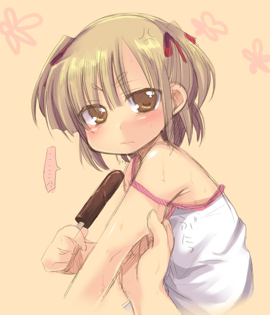 marui mitsuba, mitsudomoe (manga), angry, camisole, food, pinching, plump, popsicle, solo