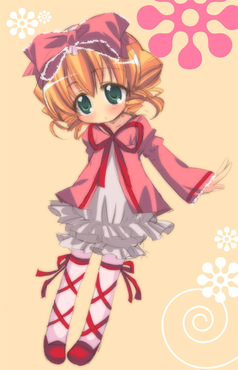 hinaichigo, rozen maiden, 00s, 1girl, arm behind back, blonde hair, blush, bow, cross-laced clothes, cross-laced legwear, drill hair, female focus, full body, green eyes, hair bow, long sleeves, looking at viewer, orange hair, pink bow, ribbon, solo, standing, tareme, twin drills