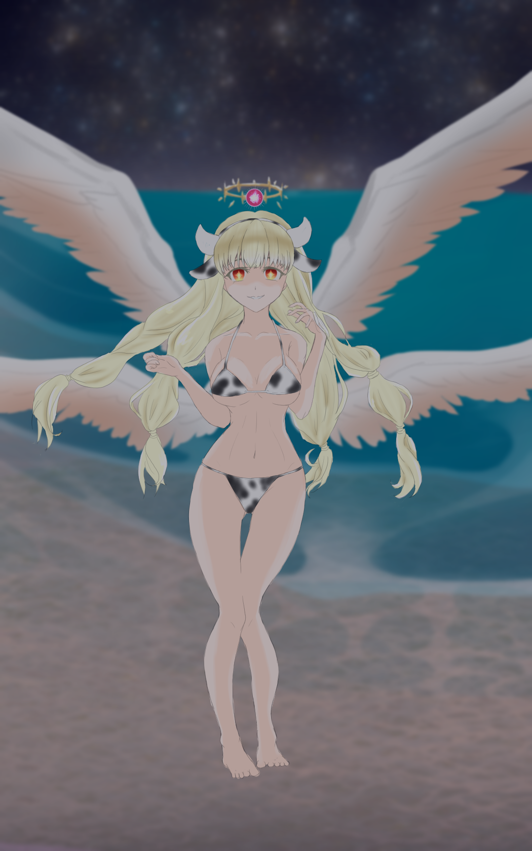 chaos therese (grimms notes), grimms notes, 1girl, angel, blonde hair, cow print, cow print bikini, full body, long hair, looking at viewer, print bikini, red eyes, sioporing, solo, wings