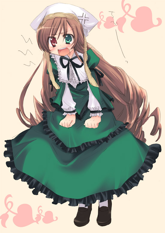 suiseiseki, rozen maiden, 00s, 1girl, angry, female focus, headscarf, heterochromia, long hair, solo, very long hair, white headscarf