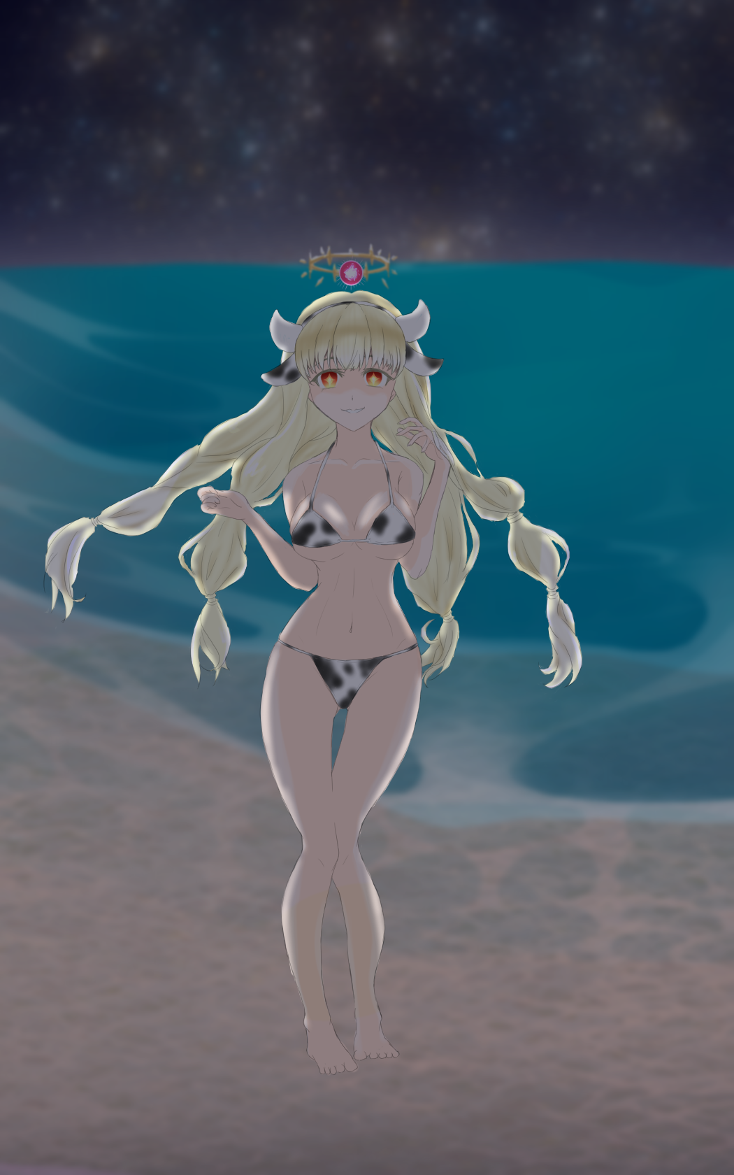chaos therese (grimms notes), grimms notes, md5 mismatch, unfinished, 1girl, blonde hair, cow print, cow print bikini, full body, long hair, looking at viewer, no wings, print bikini, red eyes, sioporing, solo