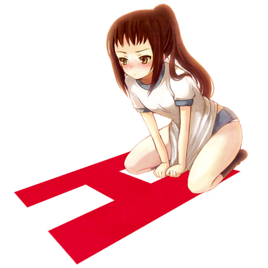 yonko, kyon, kyonko, suzumiya haruhi no yuuutsu, gender request, 00s, 1girl, blush, brown eyes, brown hair, buruma, covering crotch, covering privates, female focus, genderswap, gym uniform, long hair, ponytail, shirt tug, solo