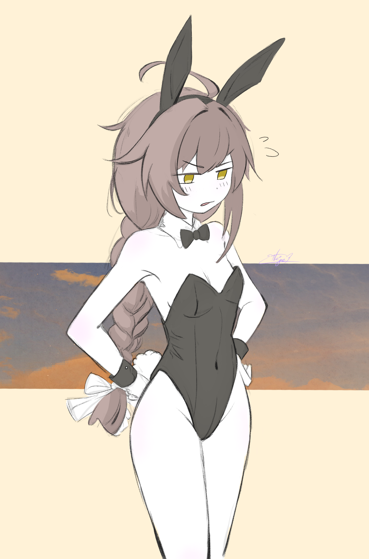 noire neige, kokona (strinova), strinova, highres, 1girl, ahoge, animal ears, annoyed, armpits, blush, braid, braided ponytail, breasts, brown hair, detached collar, fake animal ears, hand on own hip, hands on own hips, highleg, highleg leotard, leotard, long hair, low ponytail, navel, open mouth, pale skin, playboy bunny, ponytail, rabbit ears, simple background, small breasts, solo, thighs, wrist cuffs, yellow eyes