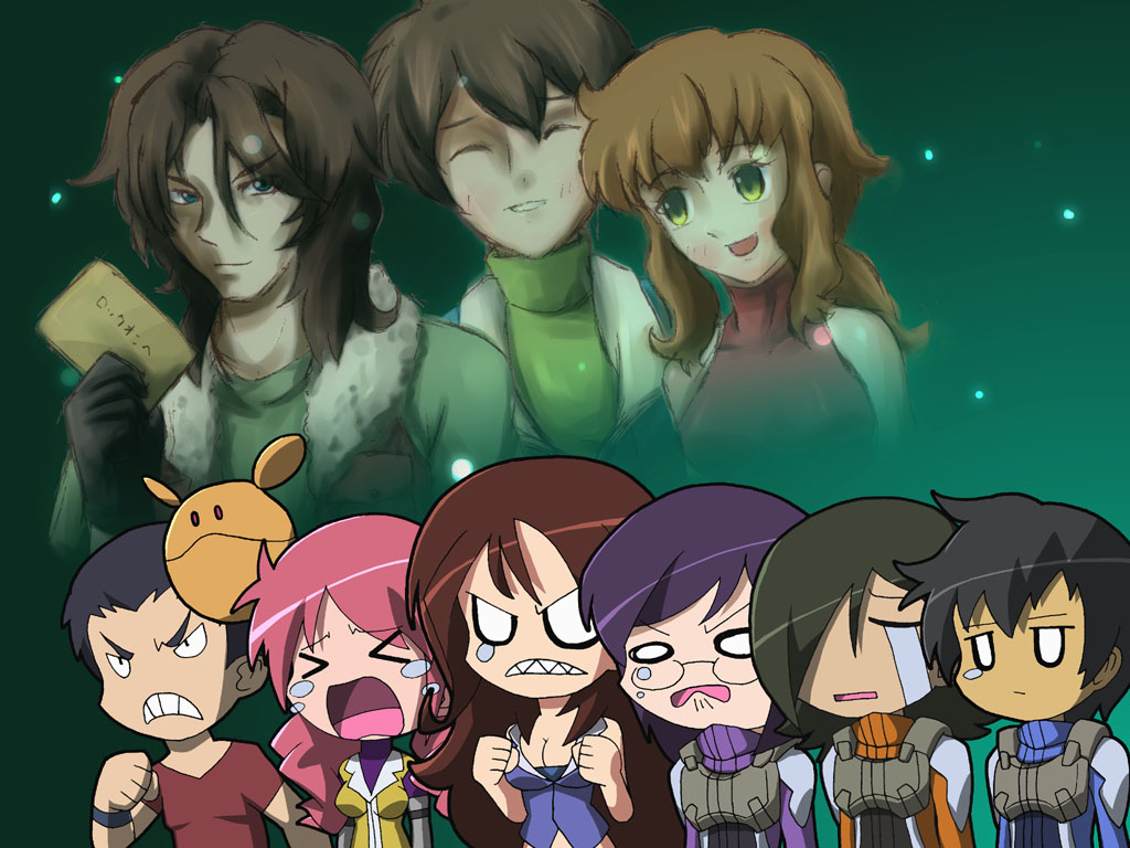 iruka-margarine, ryuuta (cure ryuuta), allelujah haptism, christina sierra, feldt grace, haro, lasse aeon, lichtendahl tsery, lockon stratos, setsuna f. seiei, sumeragi lee noriega, tieria erde, gundam, gundam 00, pilot suit, > <, 00s, 3girls, 6+boys, angry, armband, black hair, breasts, brown hair, chibi, chibi inset, cleavage, closed eyes, crying, dark skin, glasses, green eyes, large breasts, long hair, multiple boys, multiple girls, o o, pink hair, purple hair, sharp teeth, short hair, space, teardrop, teeth
