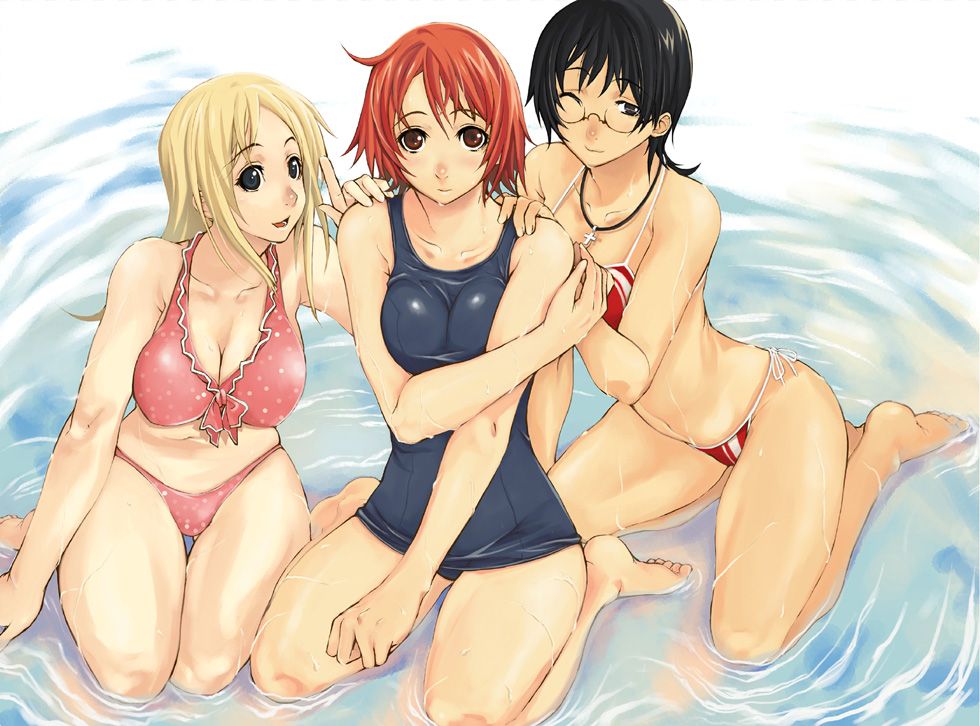 imigimuru, 3girls, barefoot, bikini, black eyes, black hair, blonde hair, blue eyes, breasts, cleavage, cross, feet, frilled bikini, frills, front-tie top, glasses, hanging breasts, hug, jewelry, kneeling, large breasts, long hair, multiple girls, necklace, one-piece swimsuit, partially submerged, pointing, polka dot, polka dot bikini, polka dot swimsuit, red eyes, red hair, ripples, school swimsuit, short hair, side-tie bikini bottom, smile, submerged, swimsuit, thigh gap, thighs, water, wet, wink