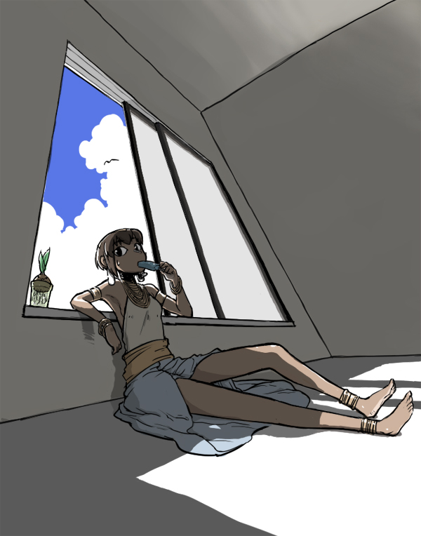 ume (noraneko), anubis (vista), vista-tan, os-tan, 1girl, against wall, anklet, barefoot, bracelet, brown hair, dark-skinned female, dark skin, feet, female focus, food, jewelry, necklace, perspective, popsicle, room, shade, short hair, sitting, solo, window