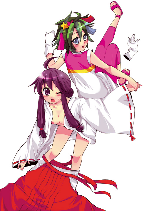 2girls, breasts, japanese clothes, medium breasts, multiple girls, nipple slip, nipples, wardrobe malfunction