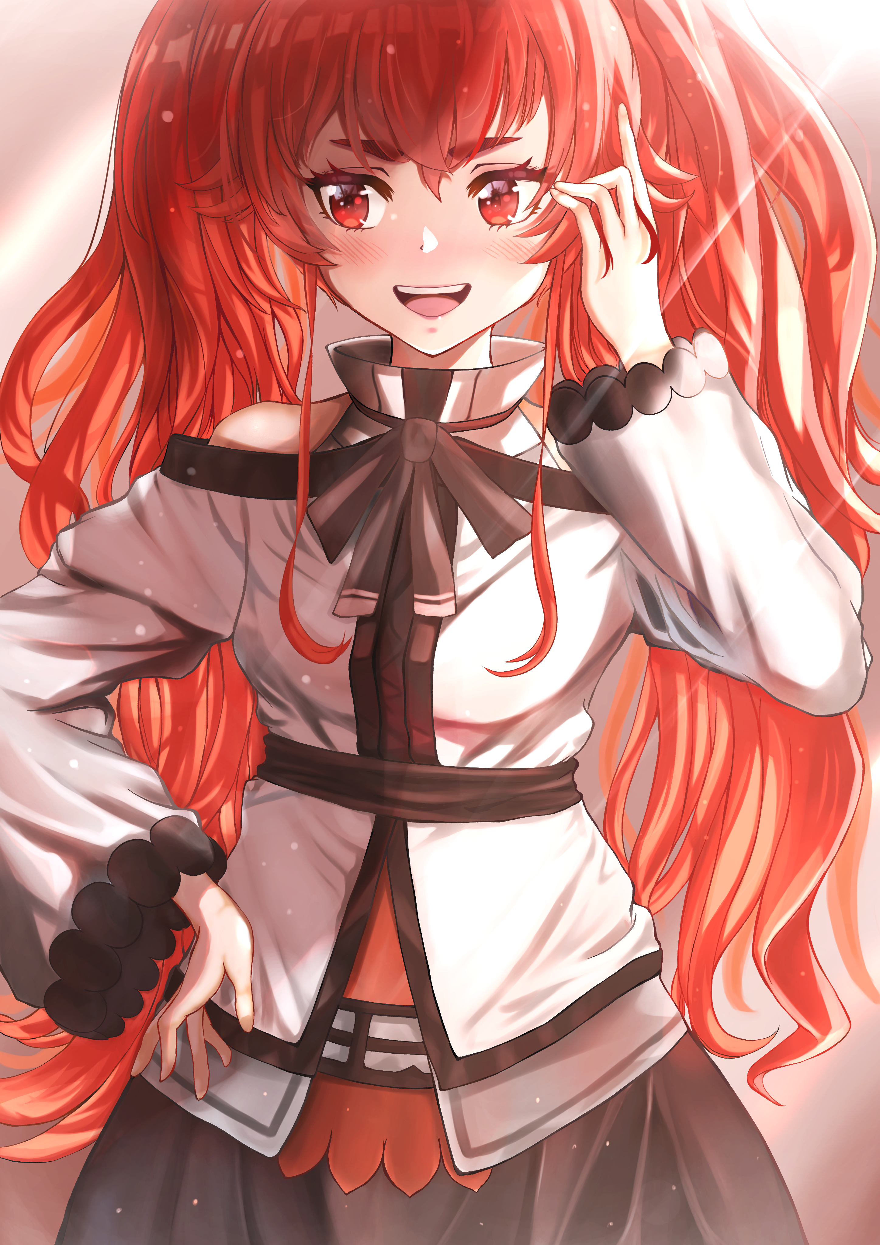 eris greyrat, mushoku tensei, highres, 1girl, alternate hairstyle, arm up, averting eyes, breasts, hand on own hip, long hair, long skirt, open mouth, pink lips, red eyes, red hair, skirt, small breasts, smile, solo, teeth, tongue, twintails, very long hair