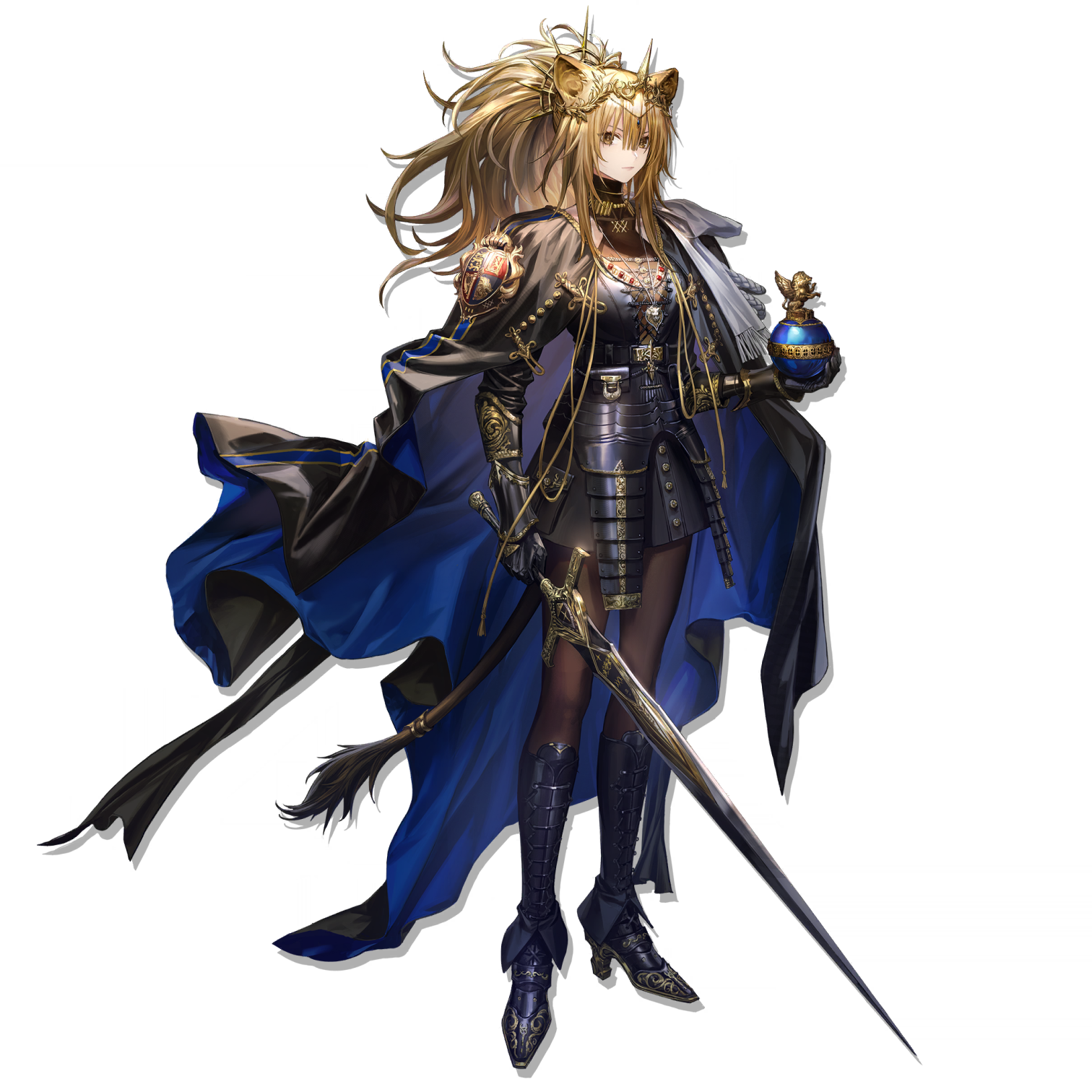 siege (arknights), vina victoria (arknights), arknights, highres, official art, third-party source, 1girl, animal ears, armor, armored boots, black pantyhose, black skirt, blonde hair, boots, closed mouth, full body, globus cruciger, holding, holding globus cruciger, holding sword, holding weapon, legs apart, lion ears, lion girl, lion tail, long hair, pantyhose, serious, simple background, skirt, solo, standing, sword, tachi-e, tail, transparent background, weapon, yellow eyes