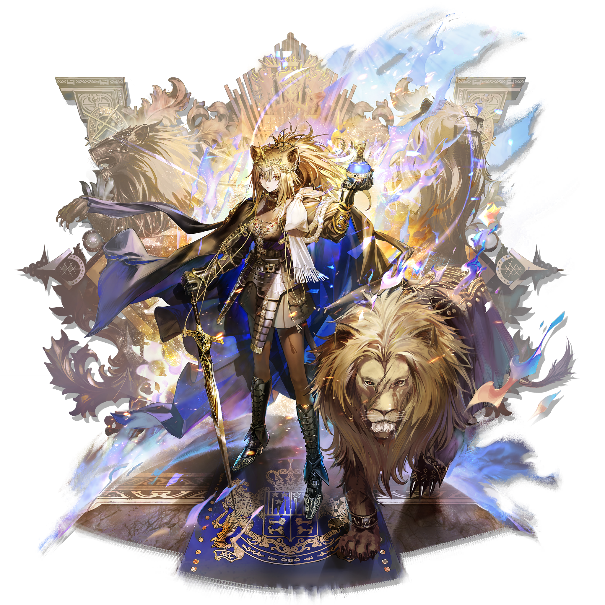 siege (arknights), vina victoria (arknights), arknights, highres, official art, third-party source, 1girl, animal, animal ears, armor, armored boots, black pantyhose, black skirt, blonde hair, boots, closed mouth, full body, gawain (arknights), globus cruciger, holding, holding globus cruciger, holding sword, holding weapon, legs apart, lion, lion ears, lion girl, lion tail, long hair, pantyhose, planted, planted sword, planted weapon, serious, simple background, skirt, solo, standing, sword, tachi-e, tail, transparent background, weapon, yellow eyes