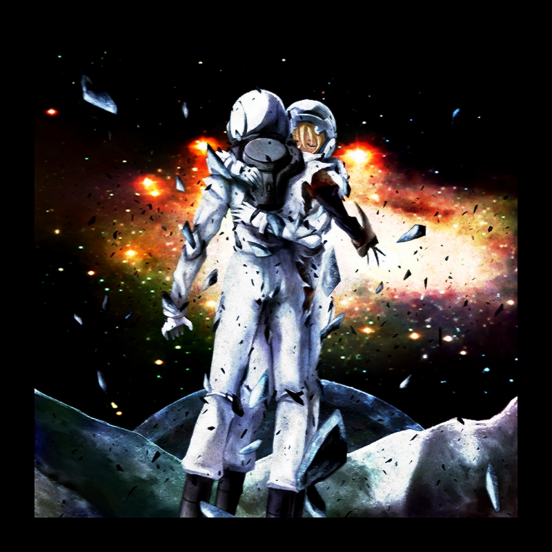 christina sierra, lichtendahl tsery, gundam, gundam 00, bad id, bad pixiv id, 00s, 1boy, 1girl, amputee, astronaut, bodysuit, couple, debris, destruction, explosion, fire, full body, glass, helmet, hetero, hug, space, standing