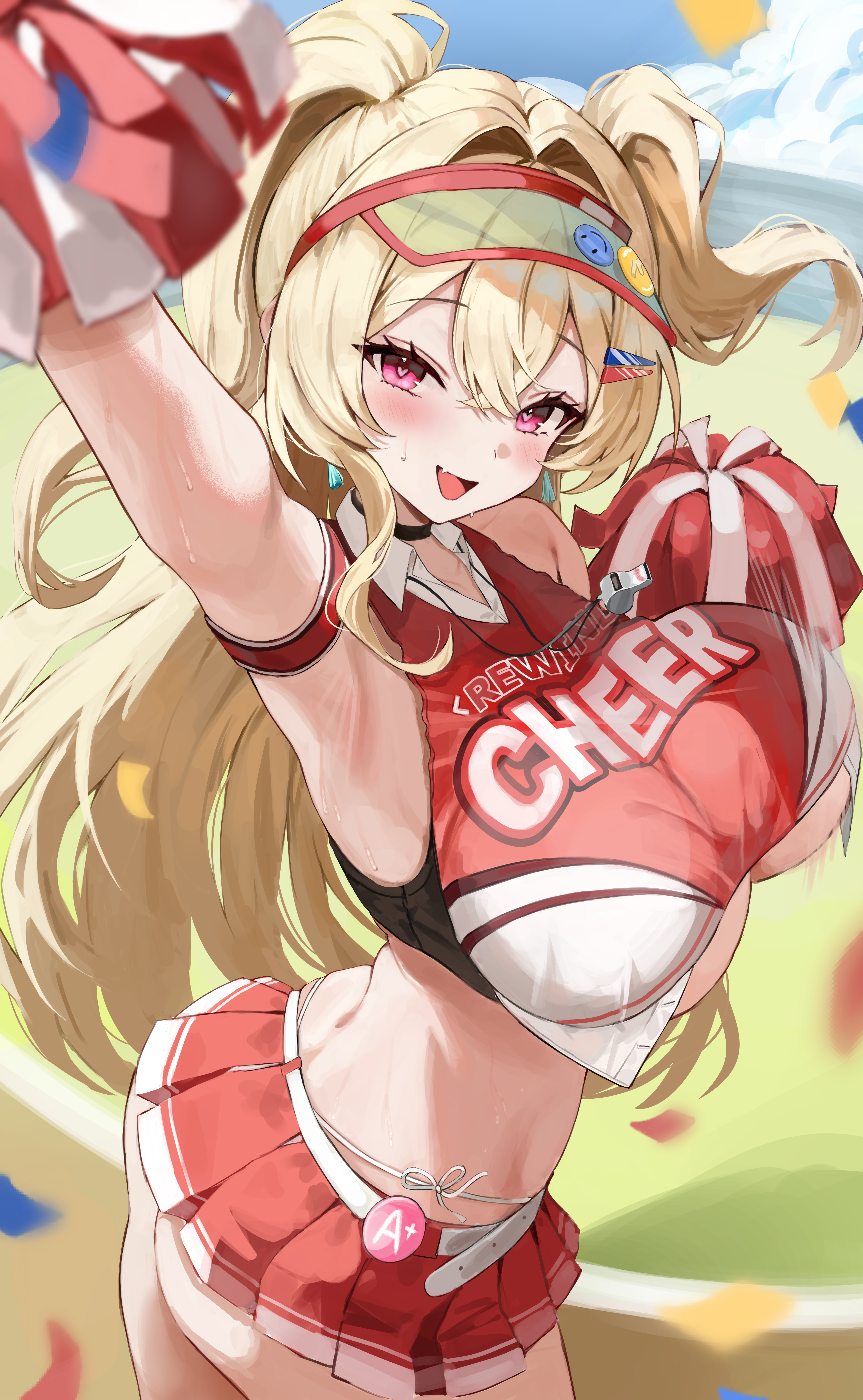 ponya 0000, clay (nikke), goddess of victory: nikke, absurdres, commentary, english commentary, highres, 1girl, arm up, armpits, belt, blonde hair, blush, bouncing breasts, breasts, cheering, cheerleader, clothes writing, cowboy shot, crossed bangs, day, double-parted bangs, english text, hair between eyes, hair intakes, hair ornament, heart, heart-shaped pupils, holding, holding pom poms, large breasts, long bangs, long hair, looking at viewer, microskirt, open mouth, outdoors, panties, panty straps, pink eyes, pleated skirt, pom pom (cheerleading), pom poms, red skirt, side-tie panties, skirt, smile, solo, standing, string panties, sweat, symbol-shaped pupils, two side up, underboob, underwear, very long hair, visor cap, whistle, whistle around neck, white belt, white panties