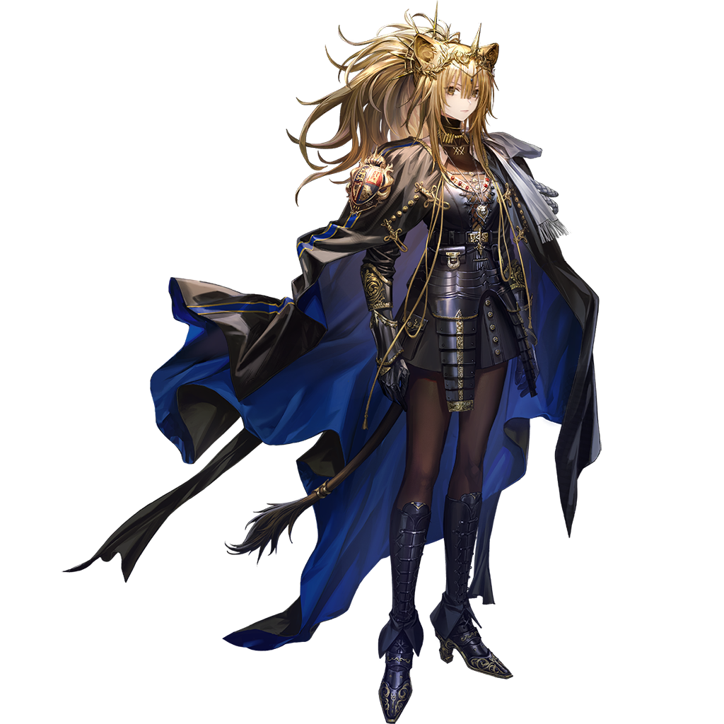 siege (arknights), vina victoria (arknights), arknights, official art, third-party source, 1girl, animal ears, armor, armored boots, black pantyhose, black skirt, blonde hair, boots, closed mouth, full body, legs apart, lion ears, lion girl, lion tail, long hair, pantyhose, serious, simple background, skirt, solo, standing, tachi-e, tail, transparent background, yellow eyes