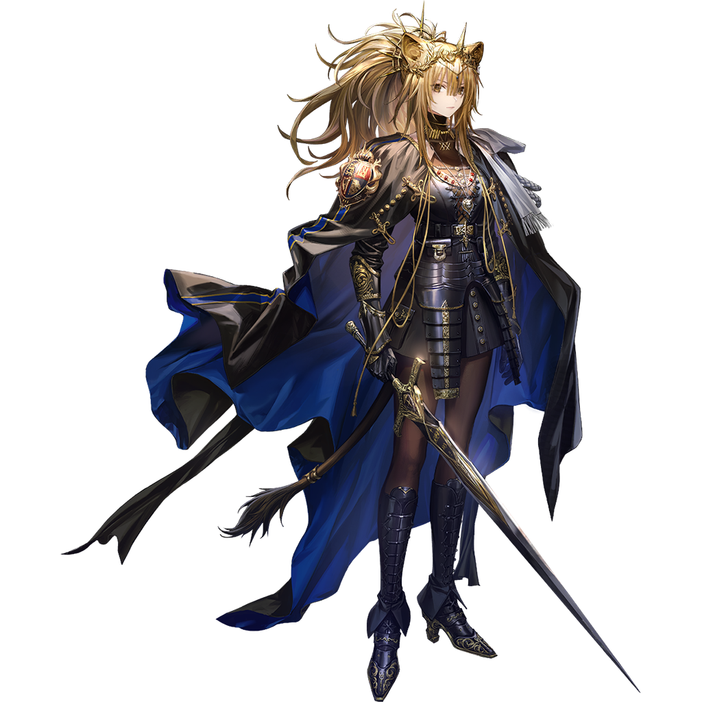 siege (arknights), vina victoria (arknights), arknights, official art, third-party source, 1girl, animal ears, armor, armored boots, black pantyhose, black skirt, blonde hair, boots, closed mouth, full body, globus cruciger, holding, holding sword, holding weapon, legs apart, lion ears, lion girl, lion tail, long hair, pantyhose, serious, simple background, skirt, solo, standing, sword, tachi-e, tail, transparent background, weapon, yellow eyes