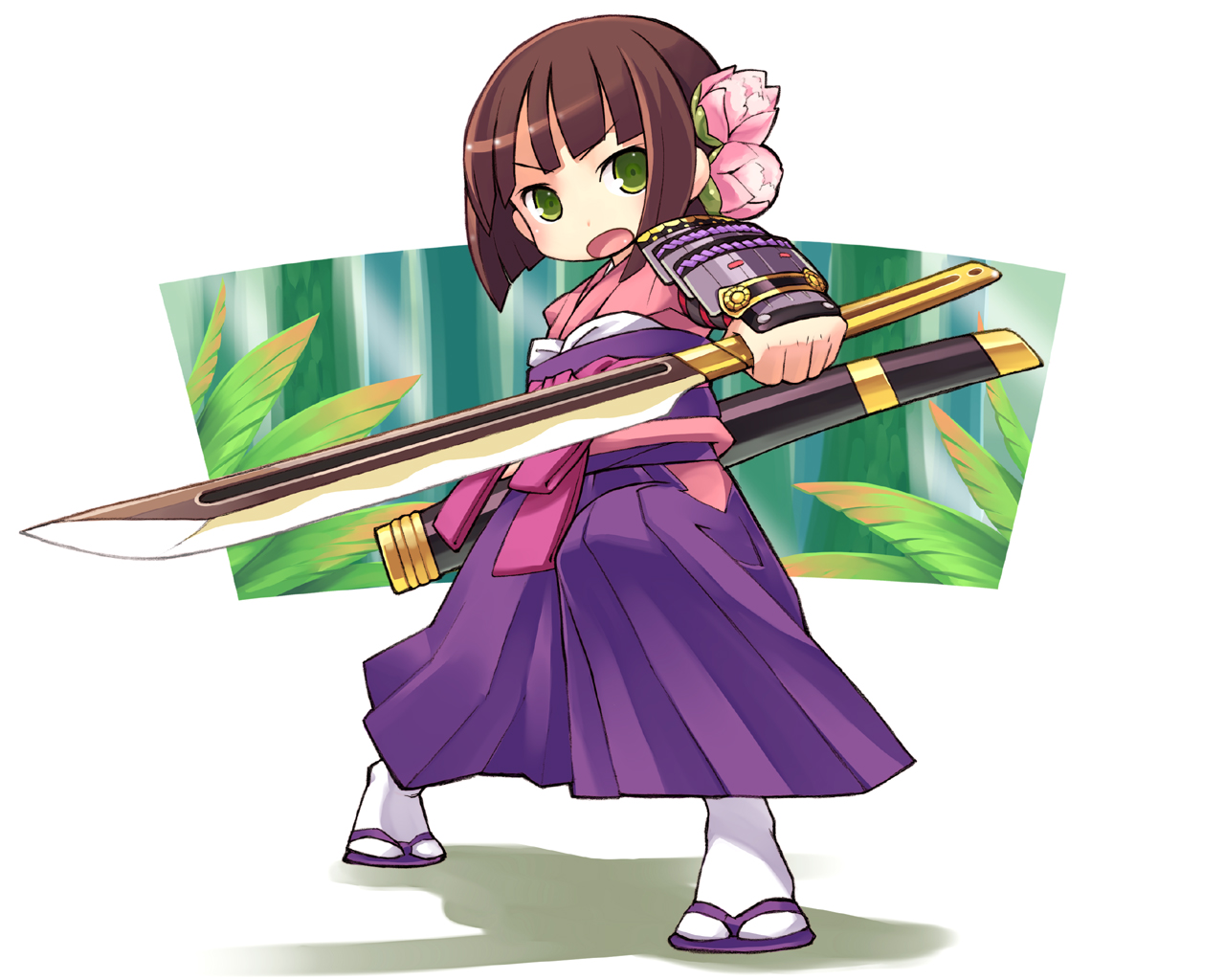 chan co, bushidou (sekaiju), bushidou 4 (sekaiju), atlus, etrian odyssey, 1girl, blunt bangs, brown hair, chibi, female focus, full body, geta, green eyes, japanese clothes, kimono, legs apart, long sleeves, looking at viewer, outstretched arm, samurai, sandals, sheath, short hair, socks, solo, standing, sword, tabi, unsheathed, weapon, white socks, zouri