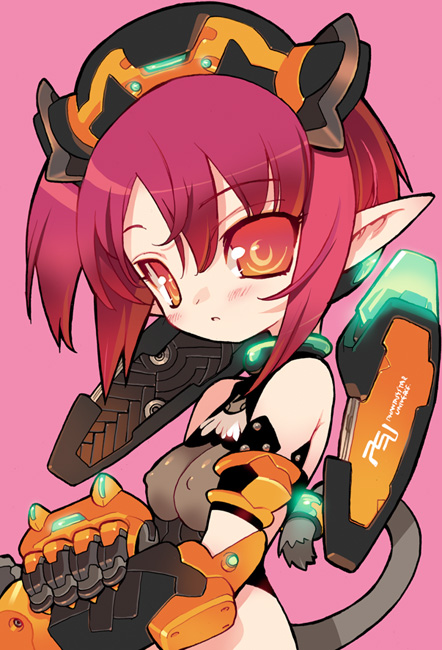 blade (galaxist), phantasy star, phantasy star universe, bad id, bad pixiv id, 1girl, :o, armband, blush, breasts, cat tail, chibi, copyright name, covered erect nipples, female focus, gauntlets, halterneck, headdress, holding own arm, looking at viewer, medium breasts, midriff, orange eyes, pink background, pointy ears, red eyes, red hair, side ponytail, simple background, solo, tail