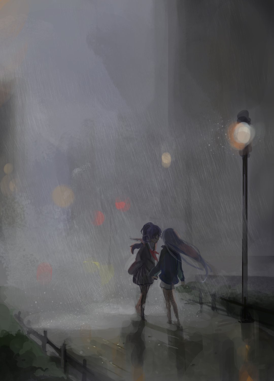 asahina mafuyu, project sekai, highres, 25imfine, 2girls, high ponytail, lamppost, long hair, multiple girls, path, ponytail, rain, road, scenery, school uniform, shaded face, shadow, street, very long hair, water drop