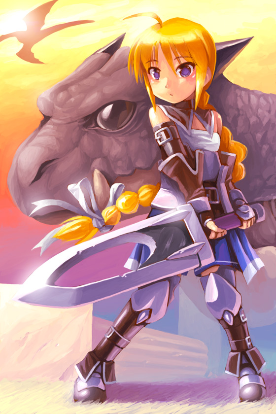 noise (tsuzuki), blue eyes, braid, brown hair, dragon, solo, sword, thighhighs, weapon