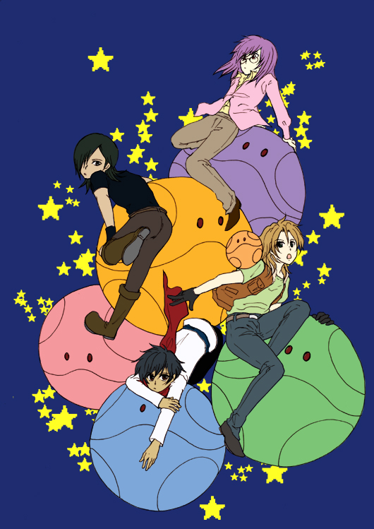 allelujah haptism, haro, lockon stratos, setsuna f. seiei, tieria erde, gundam, gundam 00, 00s, 4boys, :o, androgynous, ball, black hair, blue background, brown hair, creature, glasses, long sleeves, looking at viewer, looking back, male focus, multiple boys, open mouth, pants, purple hair, rimless eyewear, simple background, sitting, smiley face
