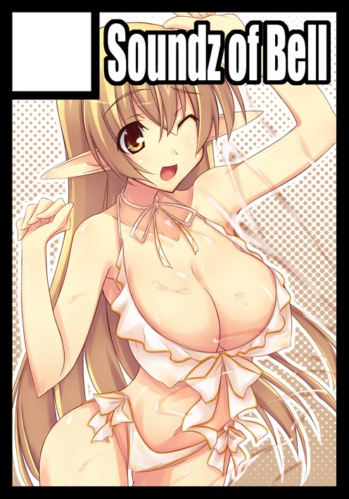 shimakaze (soundz of bell), 1girl, bikini, black border, border, breasts, brown eyes, brown hair, circle cut, cleavage, cum, female focus, frilled bikini, frills, large breasts, pointy ears, side-tie bikini bottom, solo, swimsuit, white bikini
