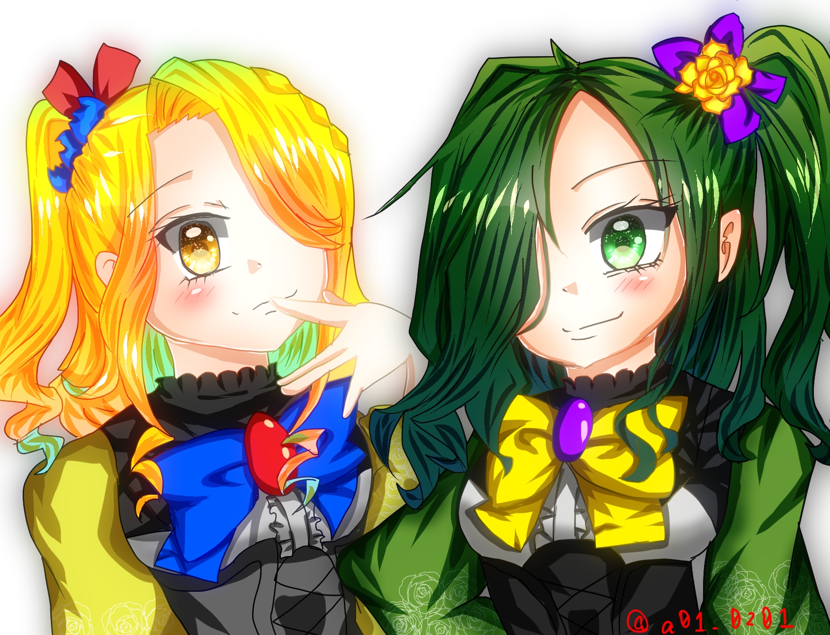 dorothee (grimms notes), noemie (grimms notes), grimms notes, bad id, bad pixiv id, a01 0201, blonde hair, closed mouth, green hair, smile, twitter username, upper body