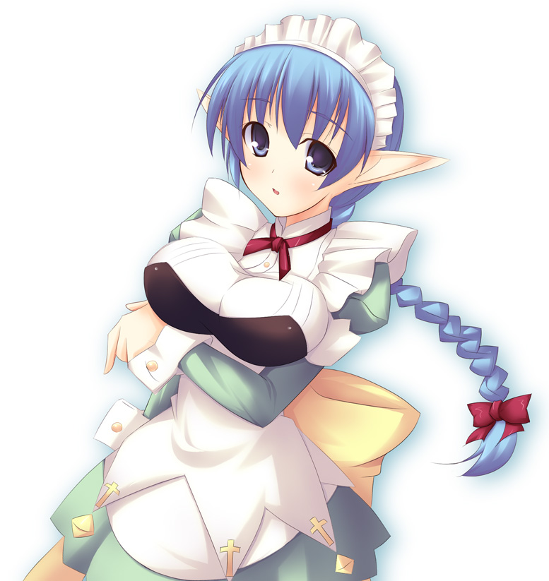 shimakaze (soundz of bell), phime alfar, dalk gaiden, blue eyes, blue hair, bow, braid, breasts, breasts squeezed together, cuffs, dress, elf, large breasts, maid, pointy ears, ponytail, single braid, solo