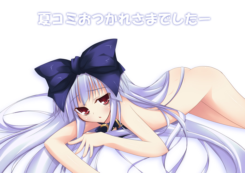 shimakaze (soundz of bell), 3.1-tan, os-tan, 1girl, ass, bed, blue hair, bow, female focus, flat ass, hair bow, large bow, loli, lying, nude, red eyes, ribbon, solo