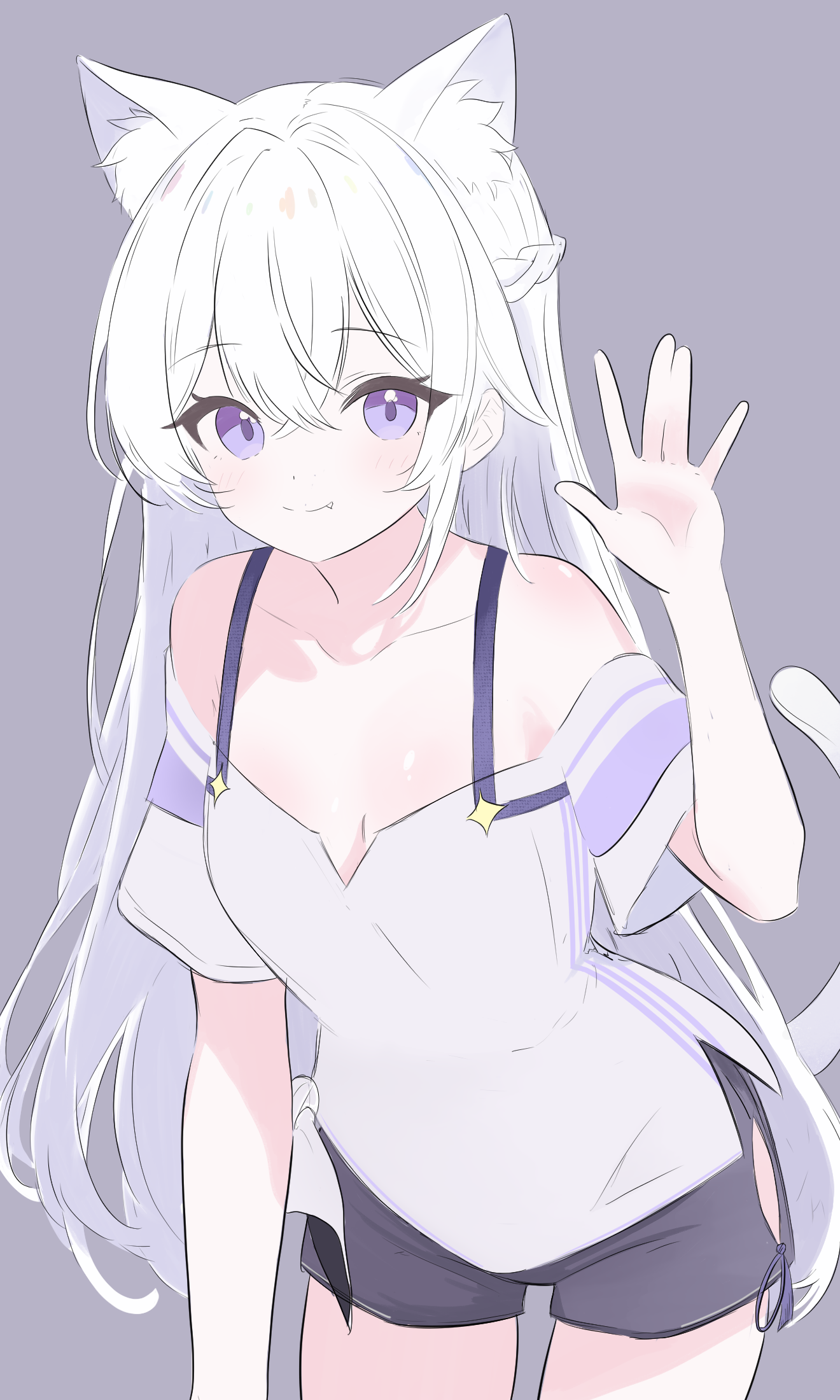 noire neige, celestia (strinova), strinova, highres, 1girl, animal ear fluff, animal ears, blush, braid, breasts, cat ears, cat girl, cat tail, cleavage, collarbone, fang, grey background, hair between eyes, hand up, leaning forward, long hair, looking at viewer, multicolored hair, pajamas, purple eyes, shorts, simple background, small breasts, smile, solo, streaked hair, tail, thigh gap, thighs, waving, white hair