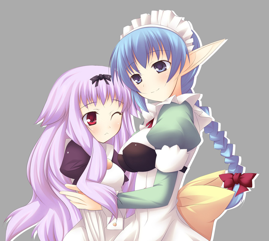 shimakaze (soundz of bell), :<, blue eyes, blue hair, braid, comforting, maid, one eye closed, pointy ears, purple hair, red eyes, smile, wink