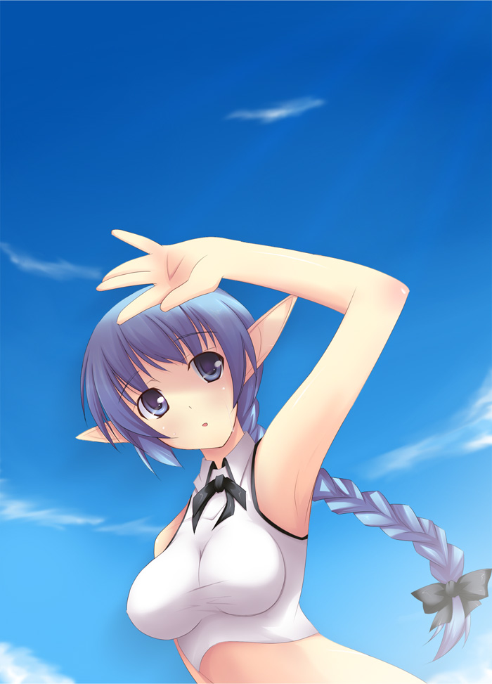 shimakaze (soundz of bell), character request, 1girl, blue eyes, blue hair, braid, breasts, cloud, elf, female focus, large breasts, pointy ears, solo, sunlight