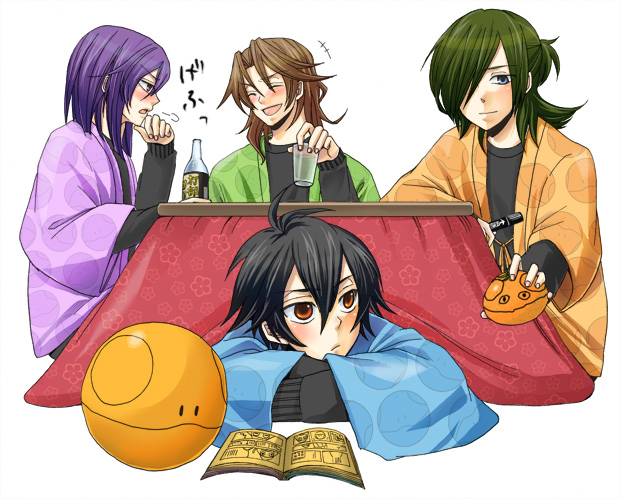 allelujah haptism, haro, lockon stratos, setsuna f. seiei, tieria erde, gundam, gundam 00, 00s, 4boys, androgynous, blush, clothes lift, drink, japanese clothes, kotatsu, male focus, multiple boys, purple hair, red eyes, shirt lift, table, trap