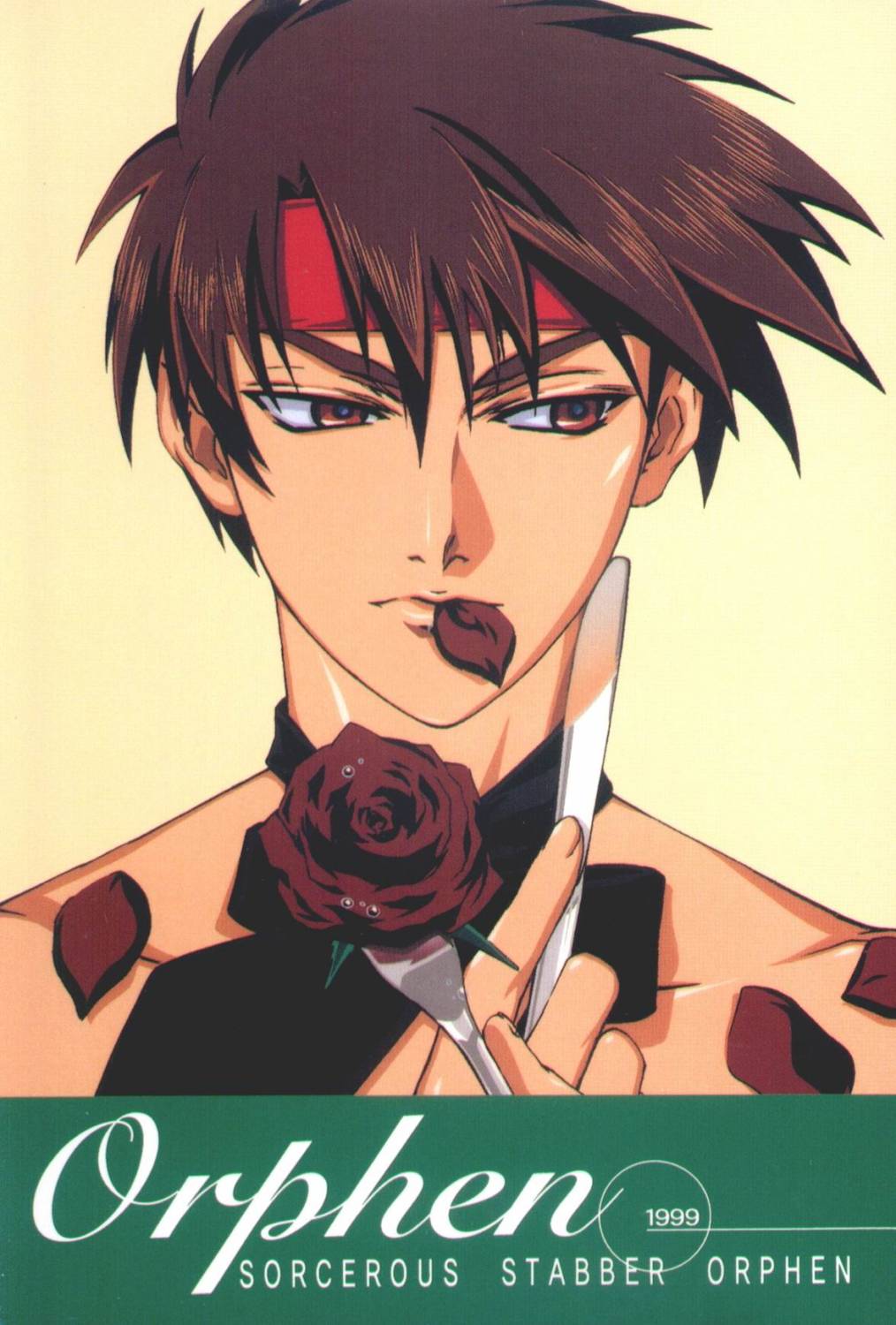 sawada hajime, orphen, majutsushi orphen, highres, scan, 1boy, brown hair, flower, headband, male focus, rose, solo, topless male