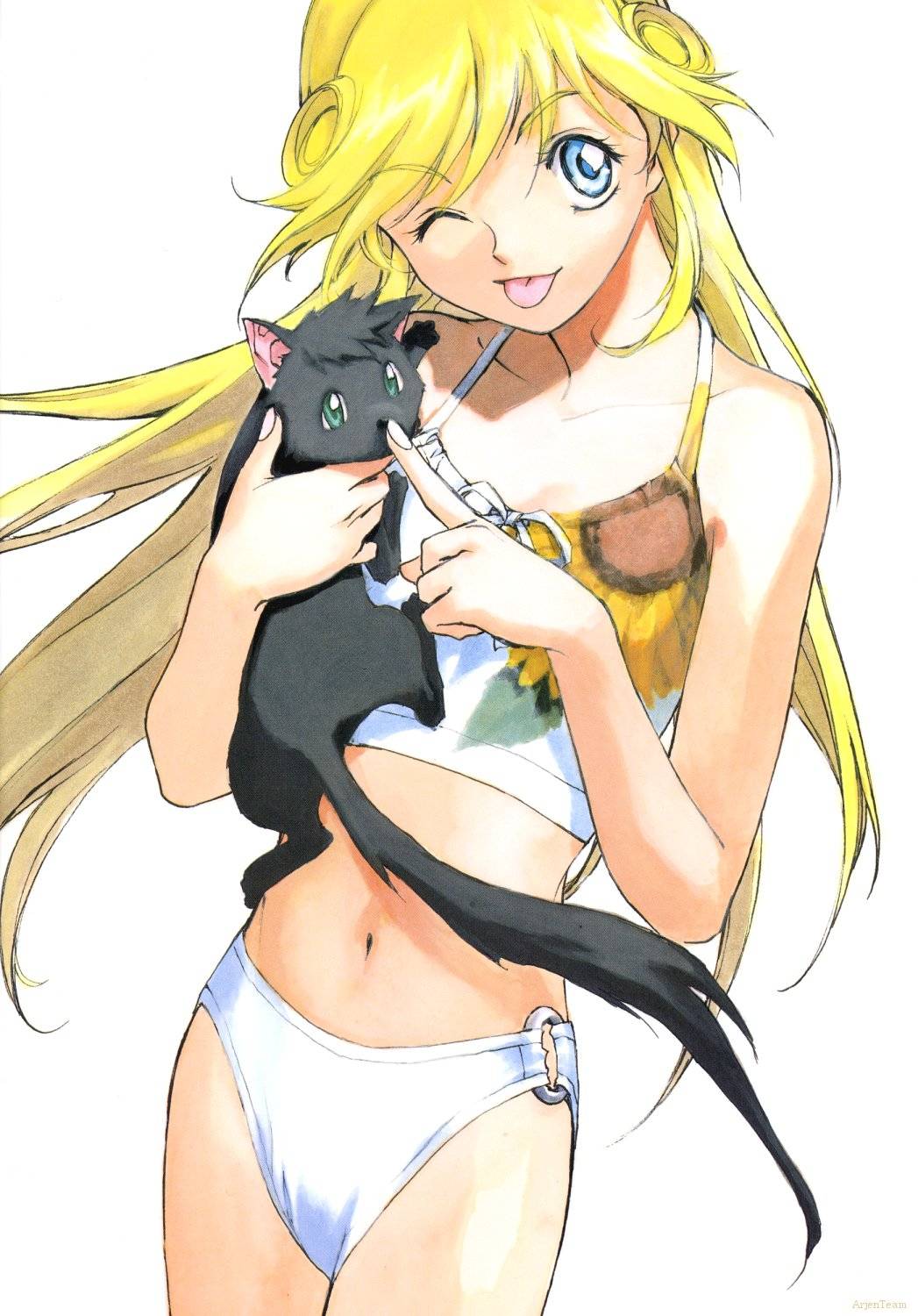kusaka yuuya, cleo everlastin, leki, majutsushi orphen, highres, scan, 1girl, :p, ;p, bikini, bikini bottom only, blonde hair, blue eyes, cat, female focus, long hair, midriff, one eye closed, solo, swimsuit, tank top, tongue, tongue out, wink