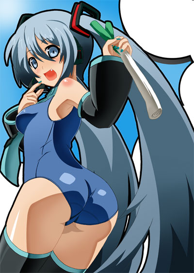 toudori, hatsune miku, vocaloid, 1girl, ass, blue hair, fang, female focus, long hair, one-piece swimsuit, school swimsuit, solo, swimsuit, thighhighs, very long hair