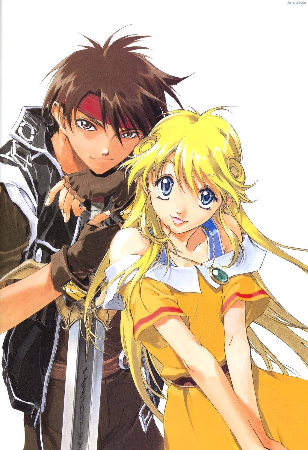 cleo everlastin, orphen, majutsushi orphen, highres, scan, 1boy, 1girl, :p, blonde hair, brown eyes, brown hair, dress, fingerless gloves, gloves, headband, jewelry, long hair, necklace, sword, tongue, tongue out, weapon