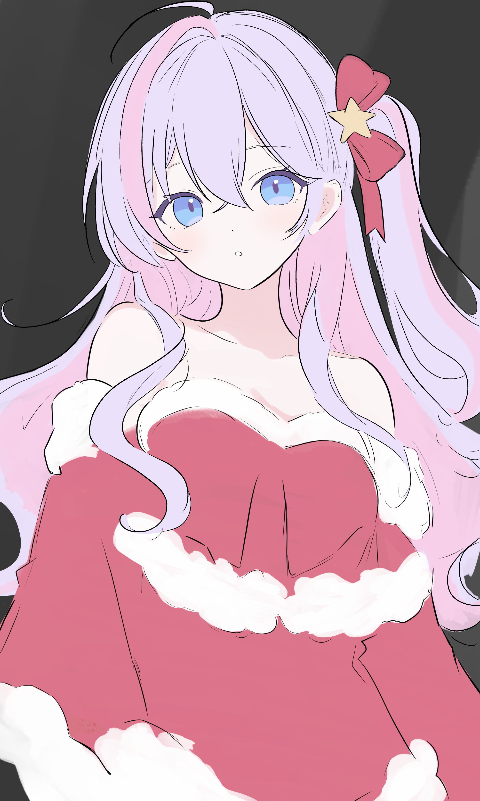 noire neige, kanami (strinova), strinova, highres, 1girl, :o, ahoge, bare shoulders, black background, blue eyes, bow, bowtie, breasts, collarbone, detached sleeves, hair between eyes, hair ornament, hair tie, looking at viewer, medium breasts, multicolored hair, off shoulder, pink hair, santa costume, side ponytail, simple background, solo, white hair