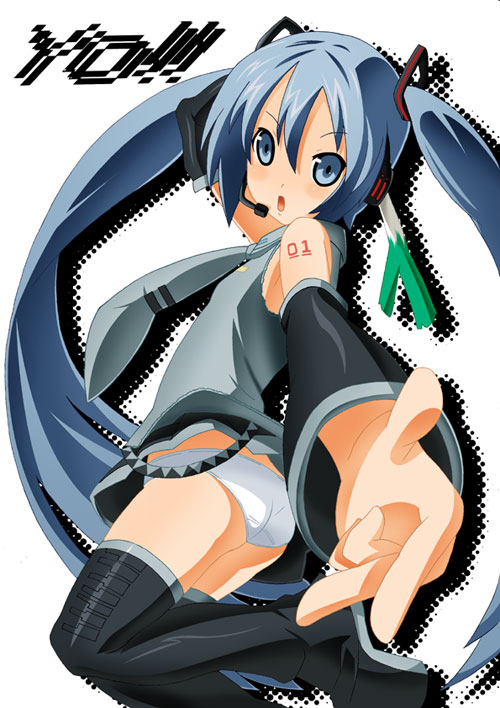 toudori, hatsune miku, vocaloid, 1girl, blue hair, female focus, long hair, panties, solo, thighhighs, underwear, very long hair