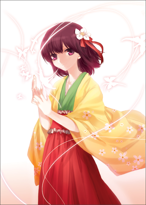 irua, hieda no akyuu, perfect memento in strict sense, touhou, 1girl, female focus, flower, gradient background, heida no akyuu, japanese clothes, purple eyes, purple hair, short hair, solo, standing, white background