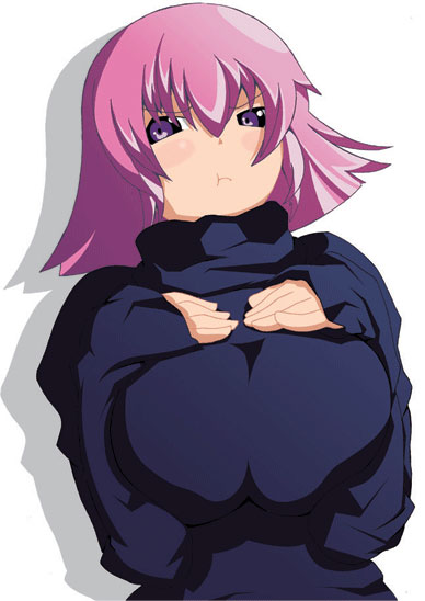 toudori, haman karn, gundam, gundam zz, zeta gundam, 1girl, :t, breast suppress, breasts, breasts squeezed together, female focus, huge breasts, pink hair, pout, purple eyes, solo
