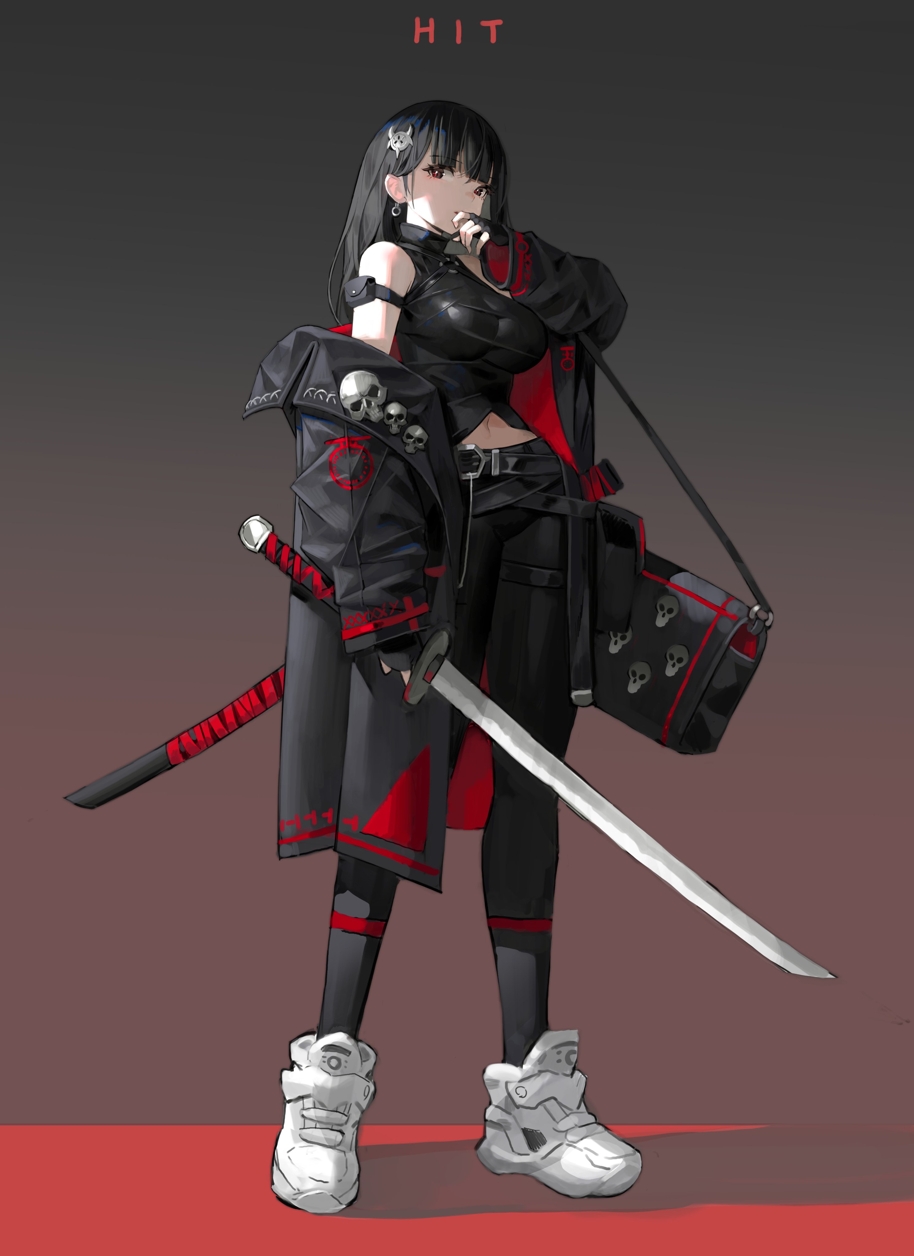 arowana2111, original, absurdres, commentary, english commentary, highres, bag, belt, belt pouch, black hair, blunt bangs, chest harness, covering own mouth, earrings, english text, fingerless gloves, gloves, gradient background, hair behind ear, hair ornament, hairpin, harness, holding, holding sword, holding weapon, impossible clothes, jacket, jewelry, katana, leather, leather jacket, medium hair, messy hair, midriff peek, multicolored jacket, pants, pouch, red eyes, red trim, shadow, sheath, shirt, shoes, shoulder bag, shoulder pouch, simple background, skin tight, skull pin, sleeveless, sleeveless turtleneck, sneakers, sword, thigh strap, tight clothes, tight pants, tight shirt, turtleneck, two-tone jacket, unsheathed, weapon