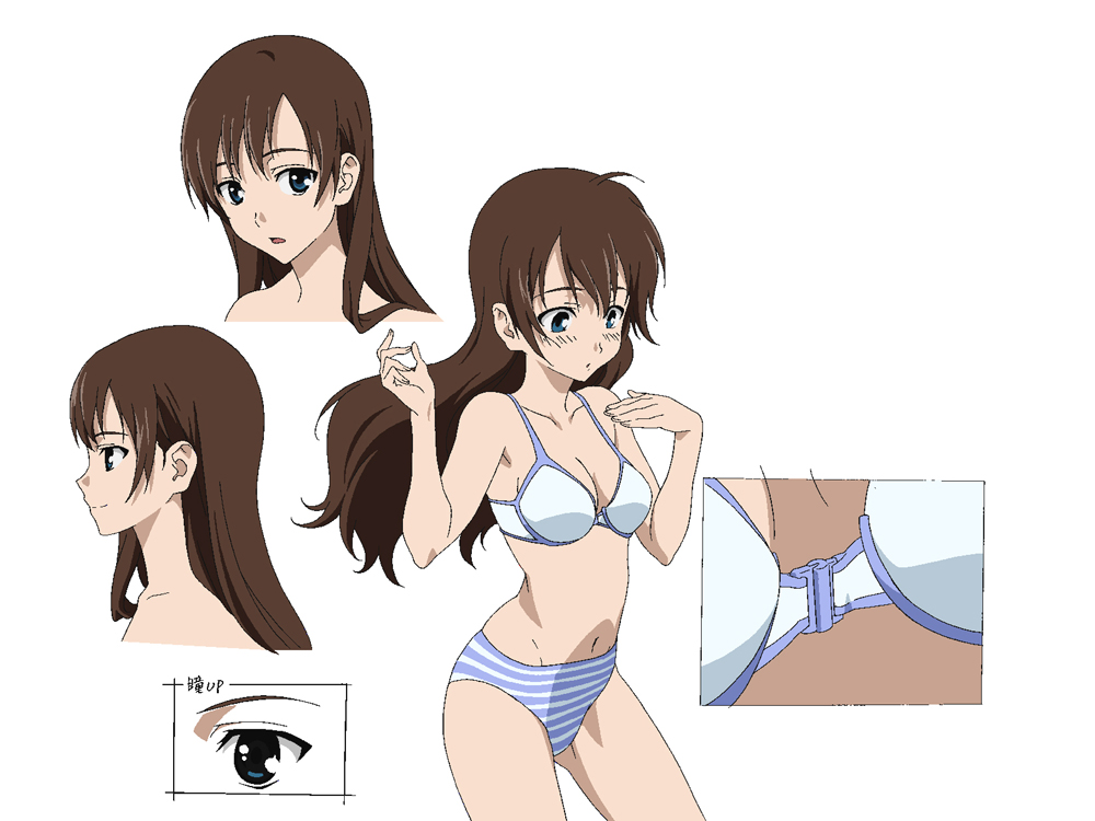 yuasa hiromi, true tears, non-web source, 00s, 1girl, bra, lingerie, panties, production art, striped clothes, striped panties, underwear, underwear only