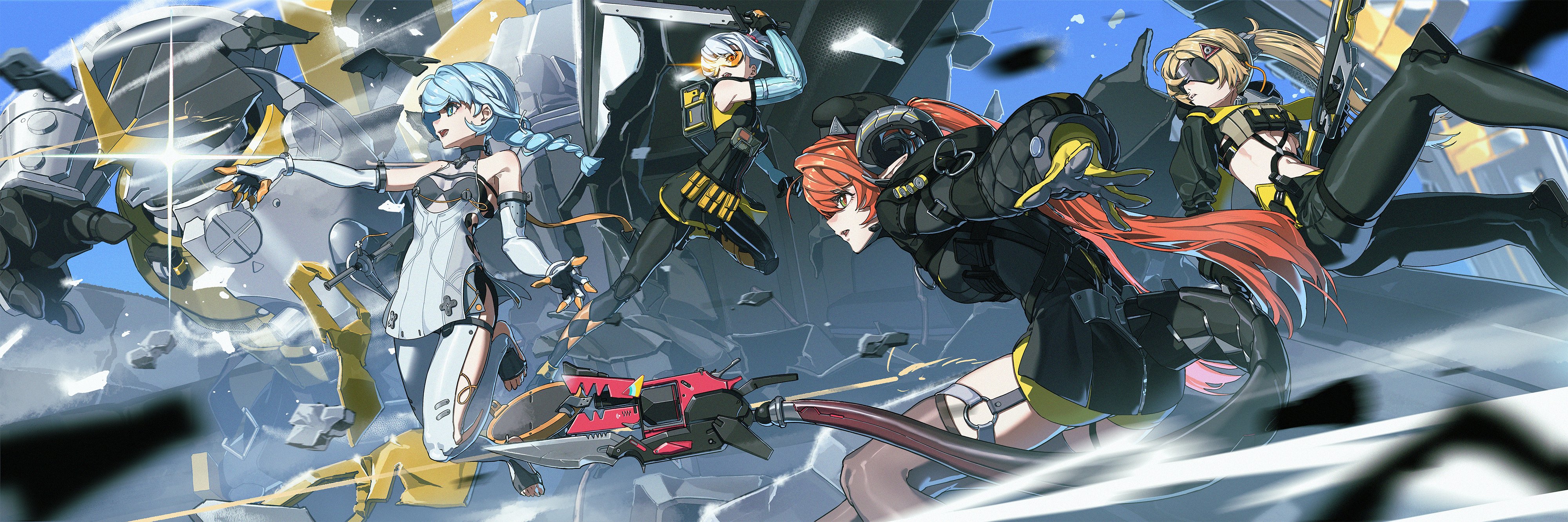 marui (fxxstate ofmind), magus (zenless zone zero), orphie magnusson, seed (zenless zone zero), soldier 11 (zenless zone zero), trigger (zenless zone zero), zenless zone zero, absurdres, highres, second-party source, black horns, black pants, blindfold, camouflage, camouflage jacket, camouflage pants, covered eyes, cropped hoodie, dragon girl, dragon horns, eye mask, gloves, glowing mask, goggles, grey sleeves, gun, gunblade, hair ornament, holding, holding sword, holding weapon, hood, hoodie, horns, humanoid robot, jacket, latex pants, mechanical horns, mechanical tail, orange-tinted eyewear, orange hair, orange pupils, pants, partially unzipped, ponytail, rifle, robot, seed sr., segway, sniper rifle, stirrup legwear, sword, tail, tight clothes, tight pants, tinted eyewear, toeless legwear, triangle hair ornament, weapon, white hair, yellow gloves, zipper pull tab, zipping