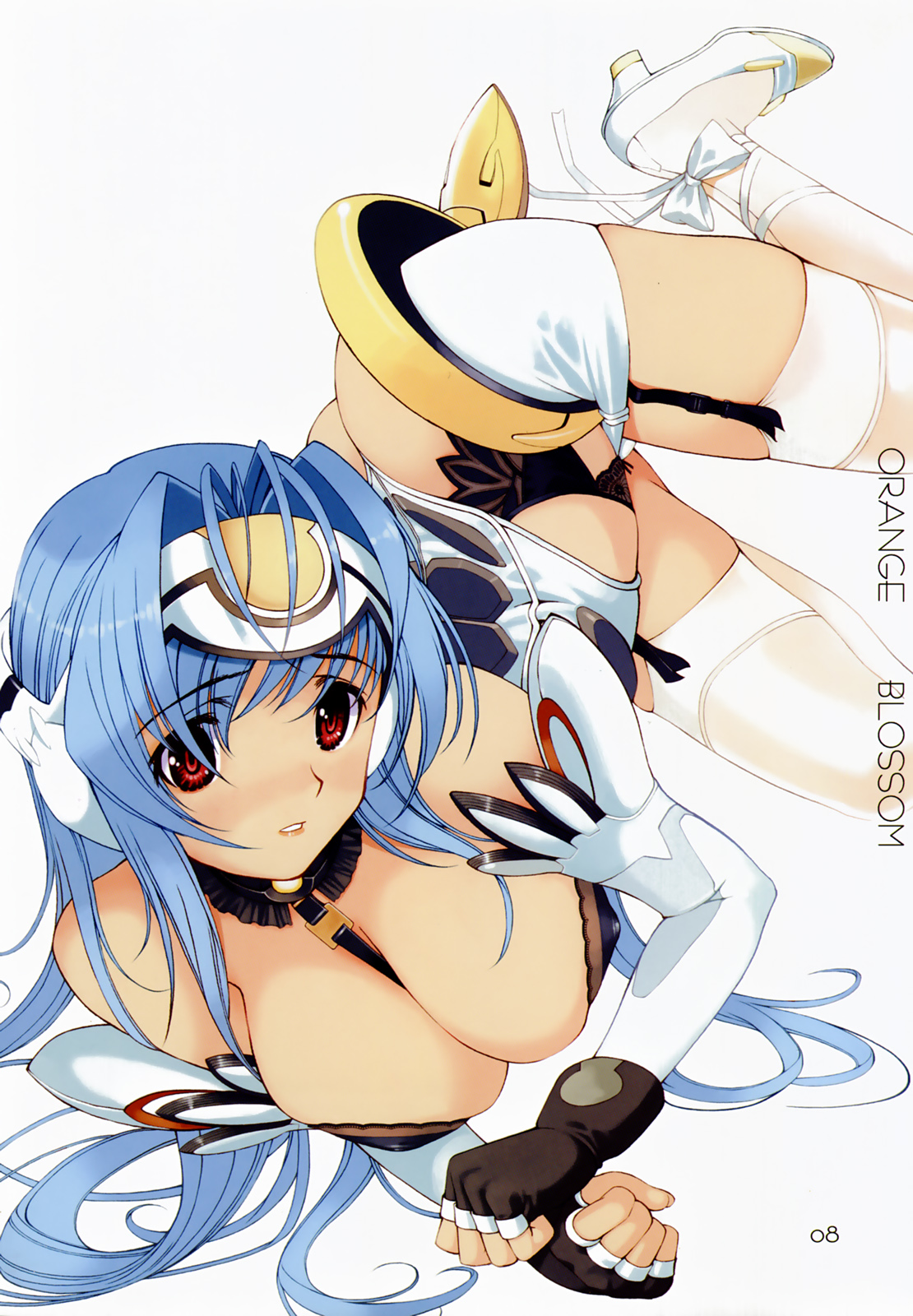mibu natsuki, kos-mos, xenosaga, xenosaga episode i, highres, 00s, 1girl, android, black gloves, blue hair, breasts, female focus, gloves, headgear, high heels, large breasts, long hair, red eyes, simple background, solo, thighhighs, white thighhighs