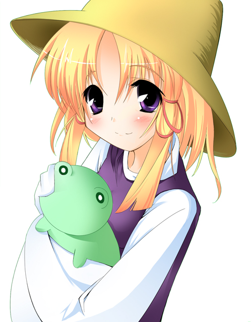 itose ikuto, moriya suwako, touhou, 1girl, blonde hair, blush, closed mouth, dress, female focus, hat, long sleeves, looking at viewer, purple dress, purple eyes, simple background, smile, solo, stuffed animal, stuffed toy, sweater, tareme, upper body, white background