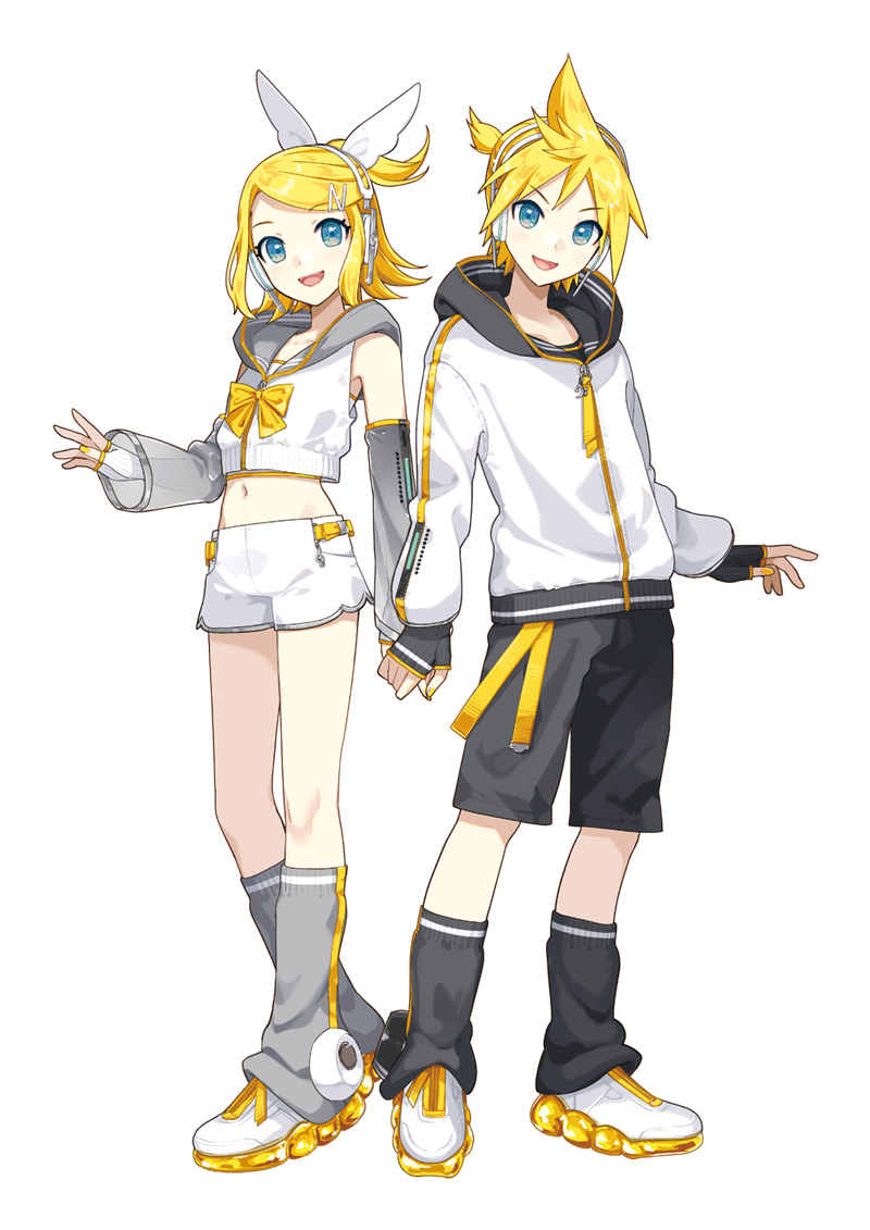 ixima, kagamine len, kagamine rin, piapro studio, vocaloid, official art, second-party source, 1boy, 1girl, :d, adapted costume, arm warmers, black sailor collar, black shorts, blonde hair, blue eyes, bow, bowtie, crop top, detached sleeves, fingerless gloves, full body, gloves, grey sleeves, hair bow, hair ornament, hairclip, headphones, holding hands, hood, hoodie, jacket, kagamine len (nt), kagamine rin (nt), leg warmers, looking at viewer, midriff, navel, open mouth, ponytail, sailor collar, shirt, shoes, short hair, short ponytail, short shorts, shorts, simple background, sleeveless, sleeveless shirt, smile, spiked hair, standing, white background, white bow, white shirt, white shorts, yellow bow, yellow bowtie, yellow nails, zipper, zipper pull tab